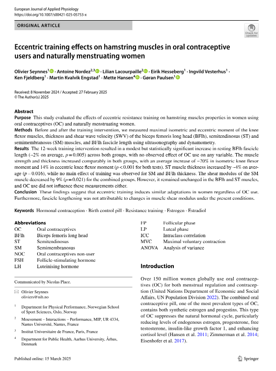Forside av artikkel om eksentrisk hamstringstrening og p-pillebruk